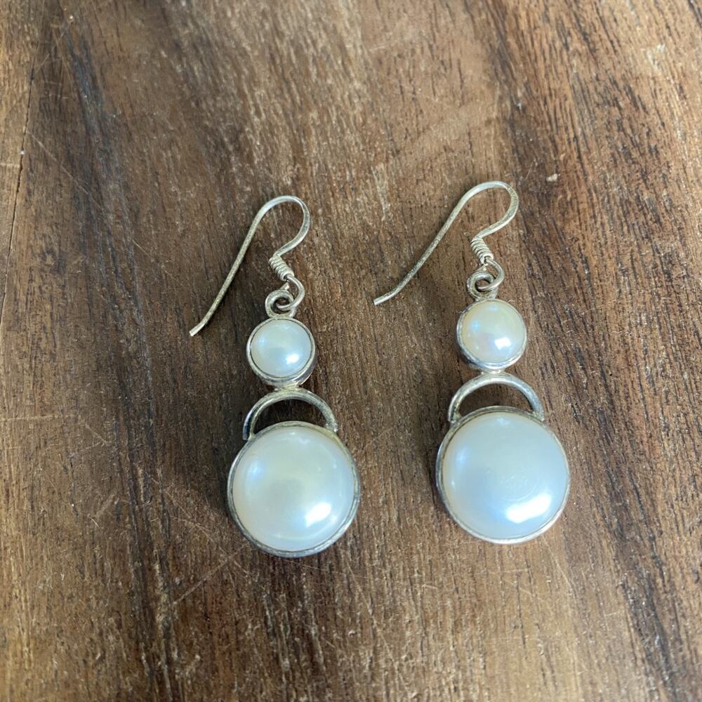 Vintage Faux White Pearl Sterling Silver 925 Drop Dangle Tiered Earrings